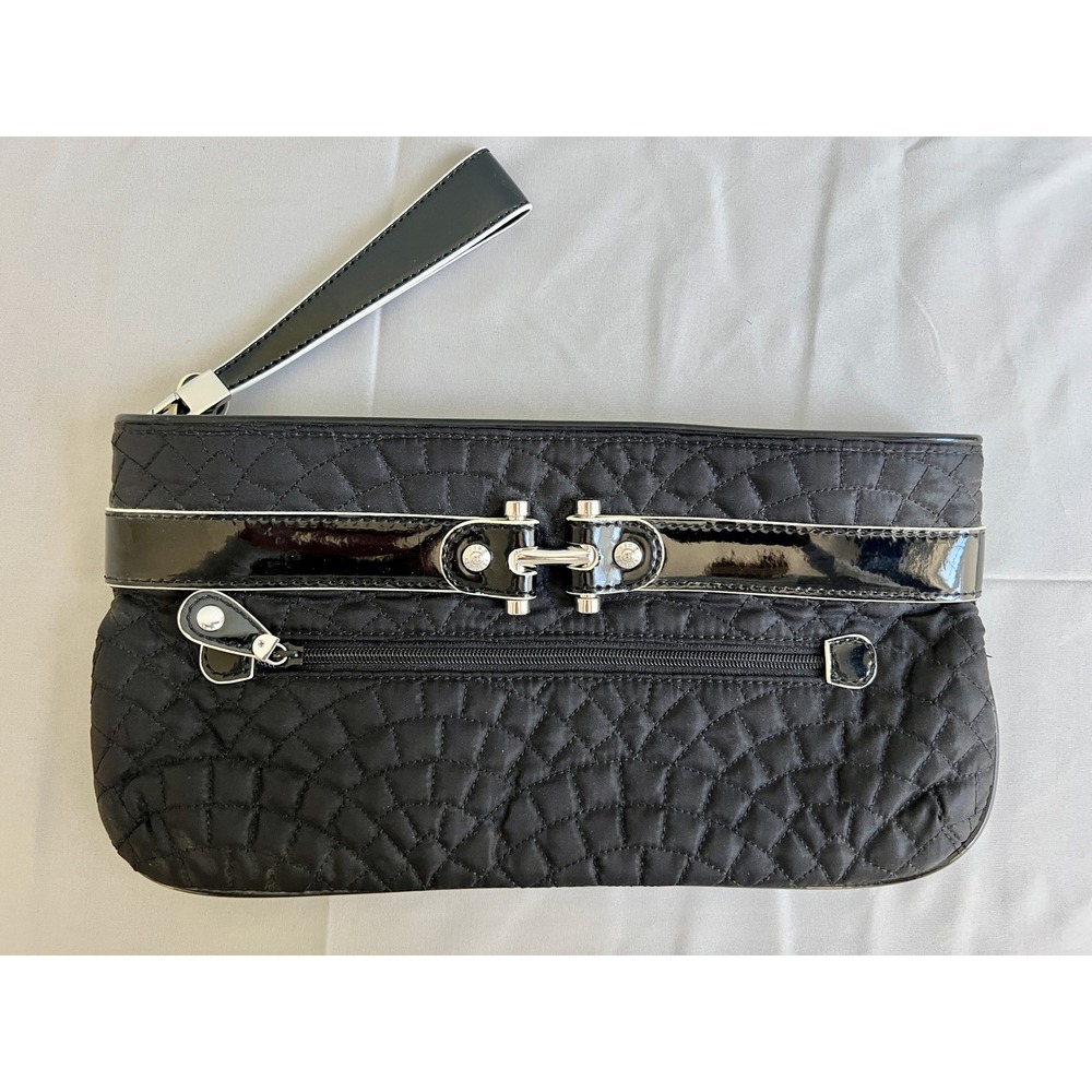 Vera Bradley Black Bistro Quilted Wristlet Clutch Patent Trim Silver Toggle